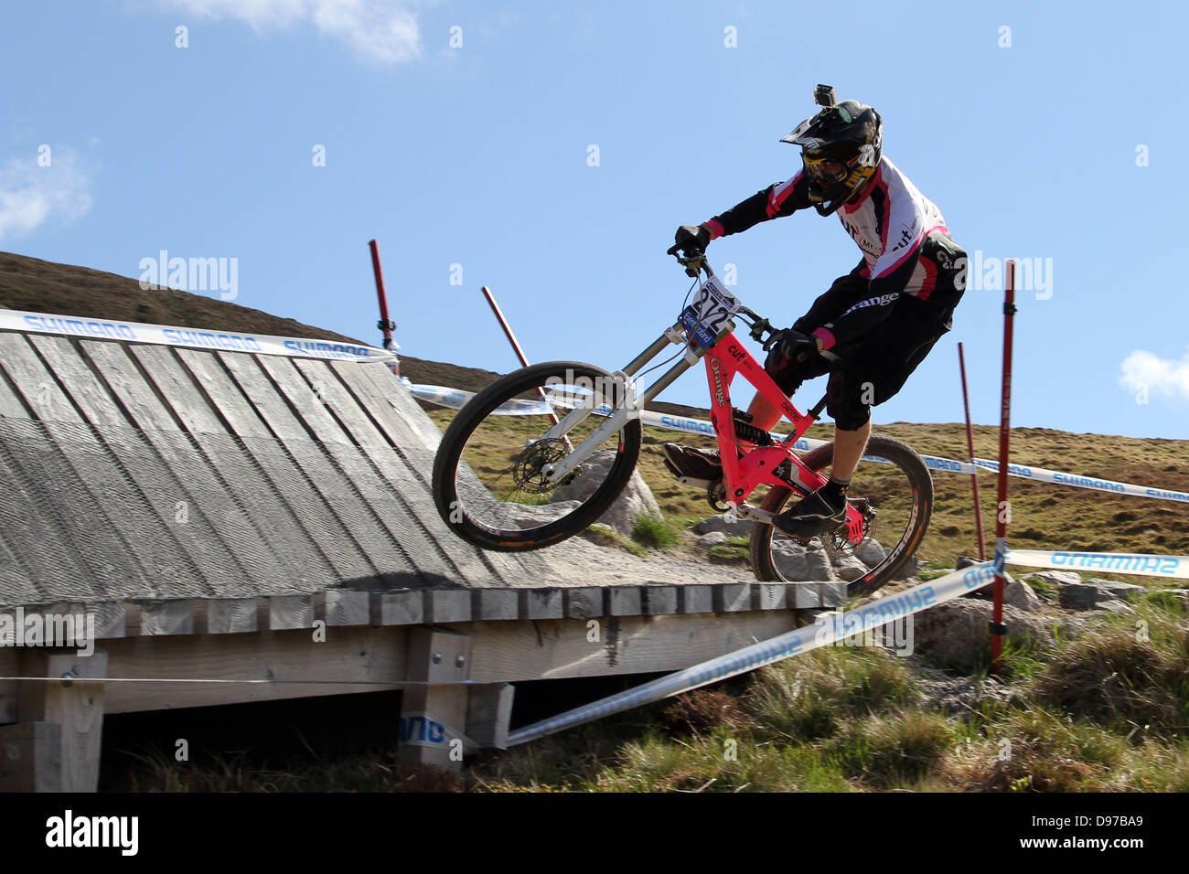 Drew Carters on the course at the World Cup Downhill, Fort William 2013 Stock Photo