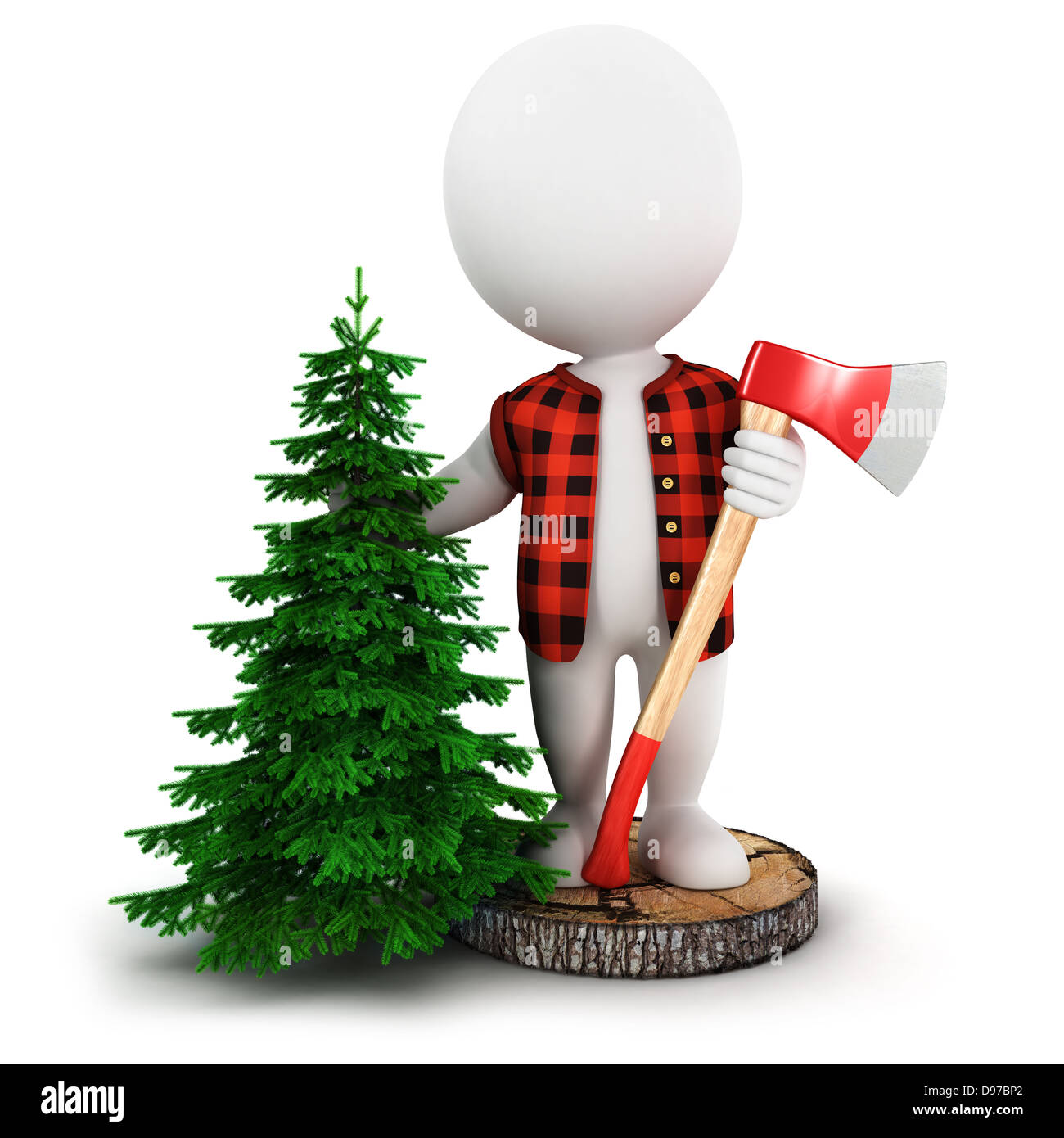 3d white people lumberjack on a tree trunk with a pine and a axe, isolated white background, 3d image Stock Photo