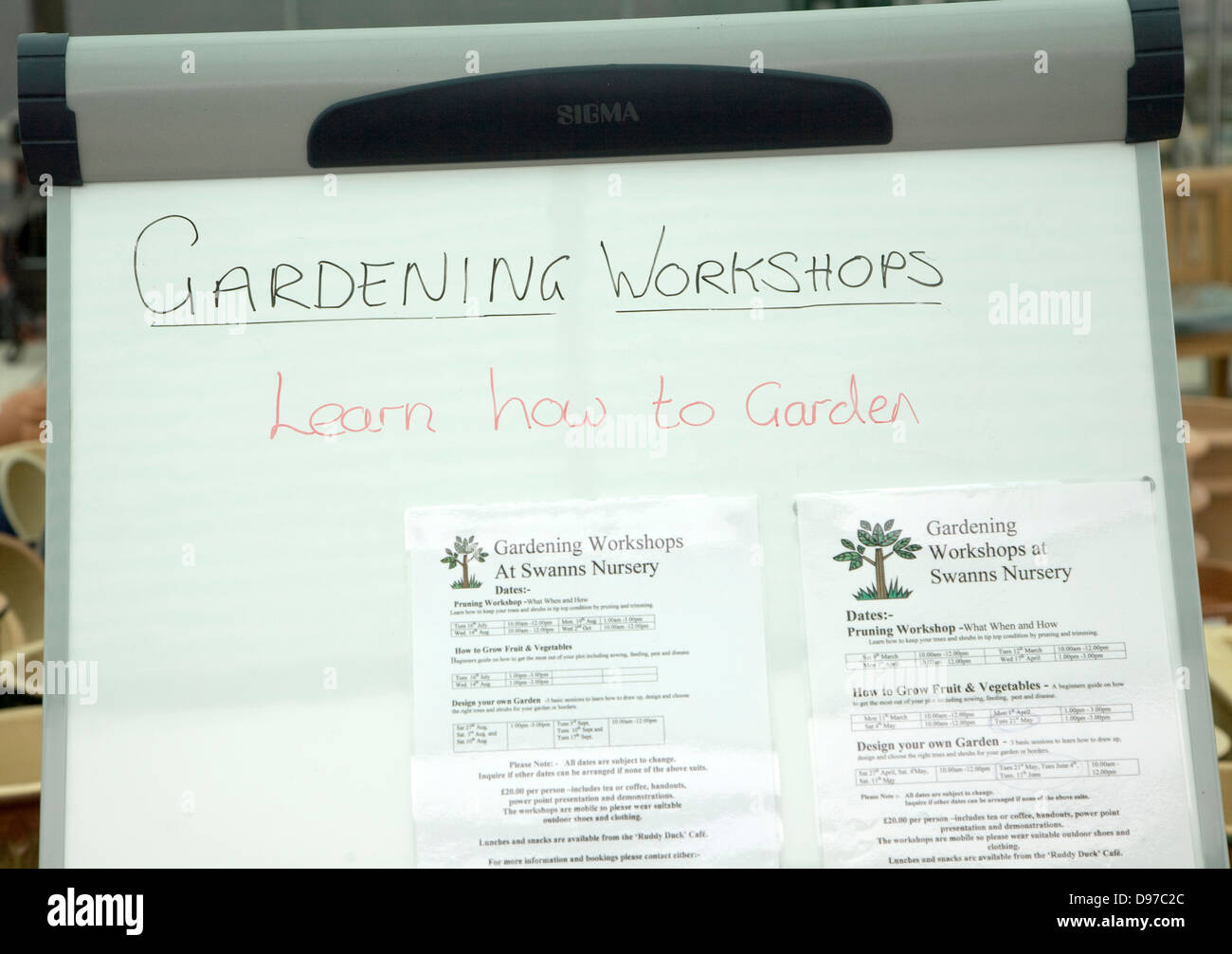 Whiteboard advertising gardening courses at Swanns nursery, Bromeswell
