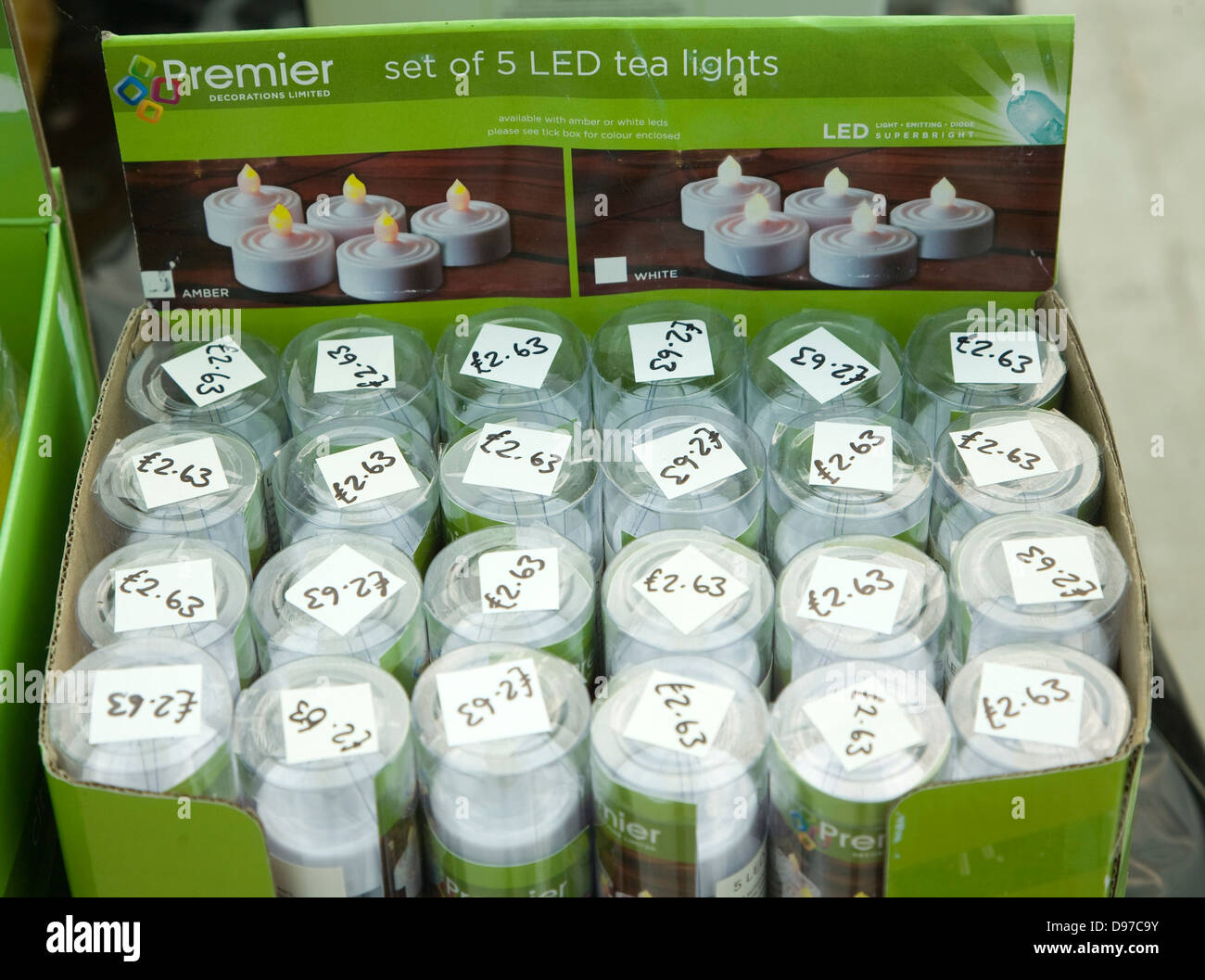 Packs of LED tea lights on display in a garden centre, UK Stock Photo