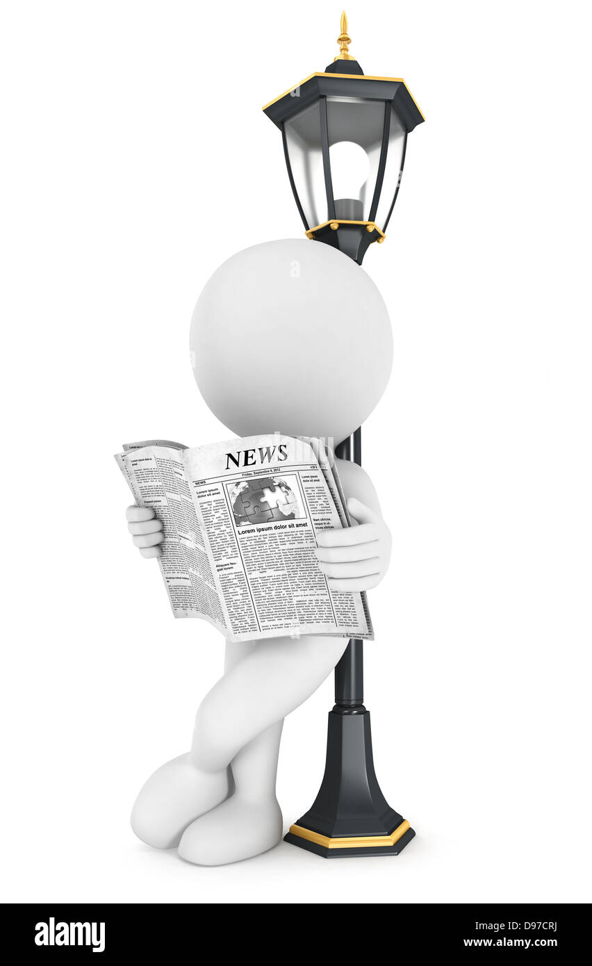 3d white people reading newspaper, leaning back against a street lamp, isolated white background, 3d image Stock Photo