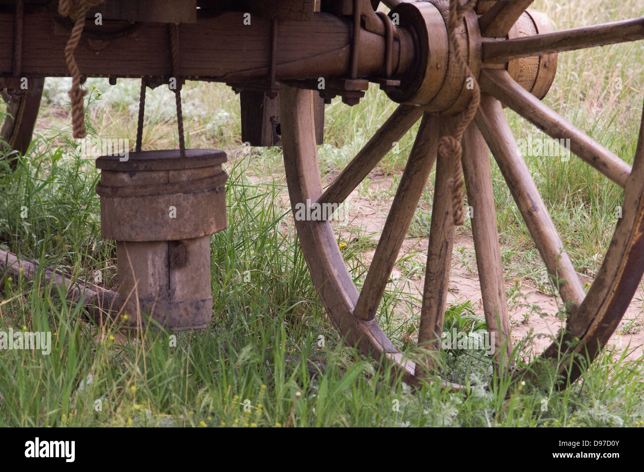 Grease bucket under a covered wagon on the Oregon Trail, Scotts Bluff National Monument