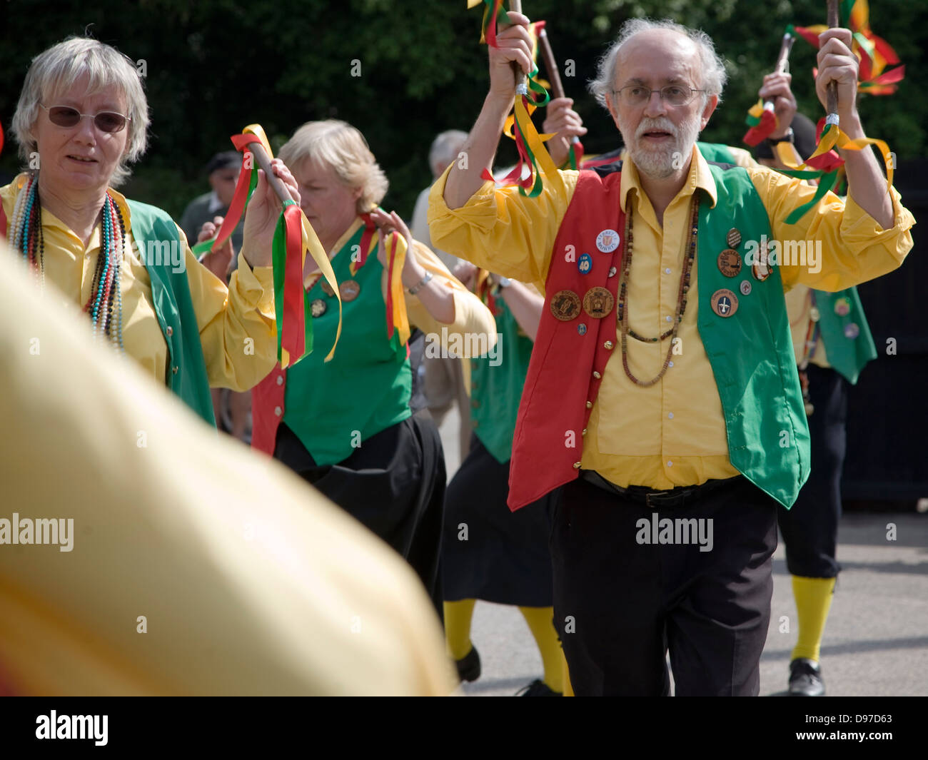 Male and female traditional Morris dancers perform at rural folk event, Shottisham, Suffolk, England Stock Photo
