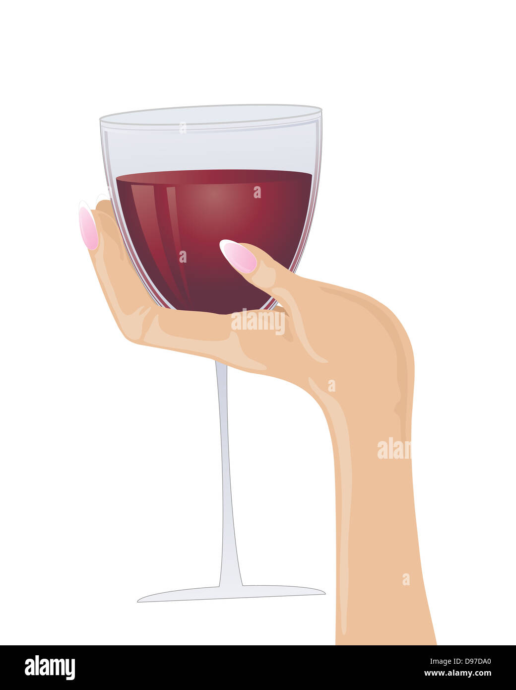 an illustration of a female hand holding a half full glass of red wine isolated on a white background Stock Photo