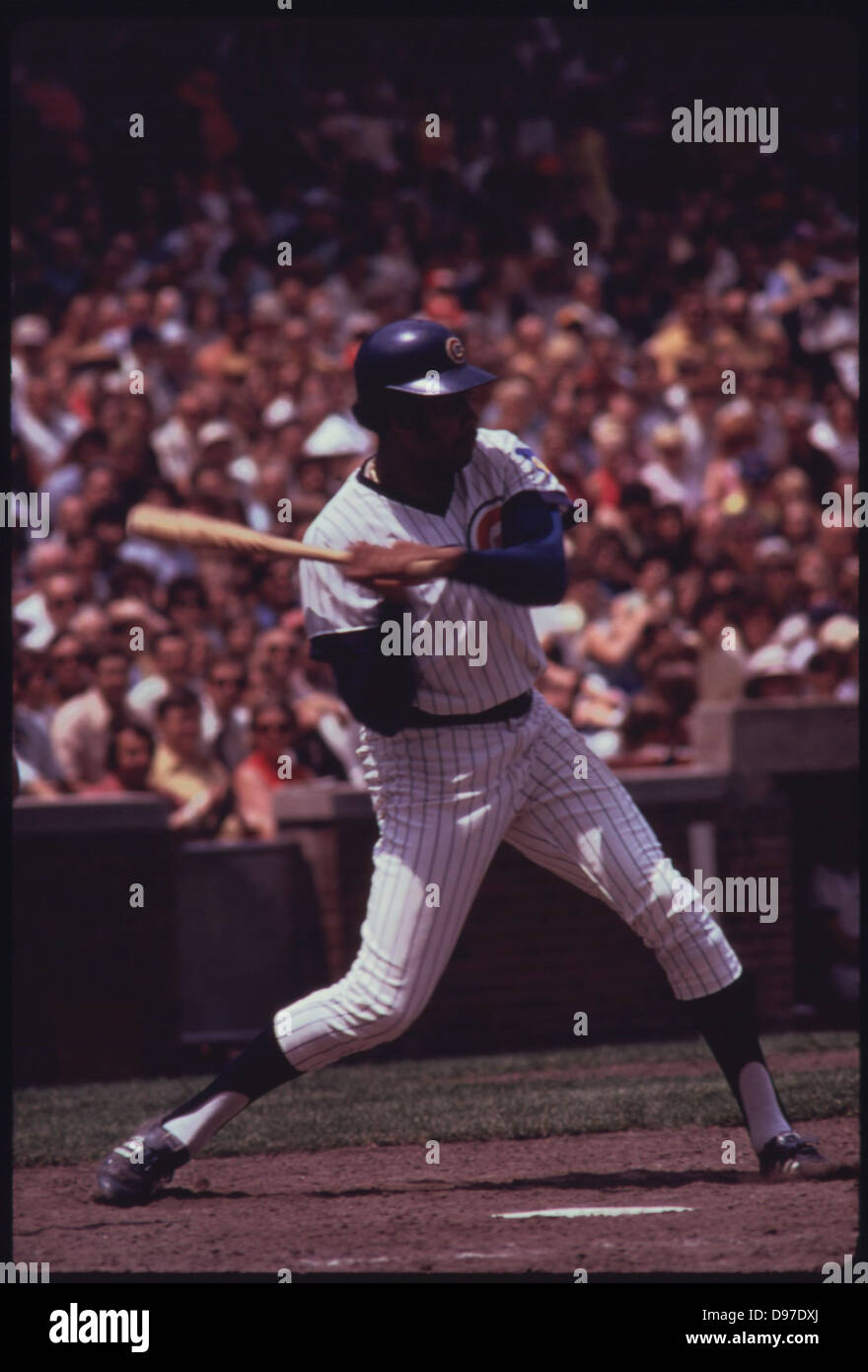 A Chicago Cubs Batter Awaits A Pitch From A Visiting Oakland A's Player In A Game At Wrigley Field, 07/1973 Stock Photo