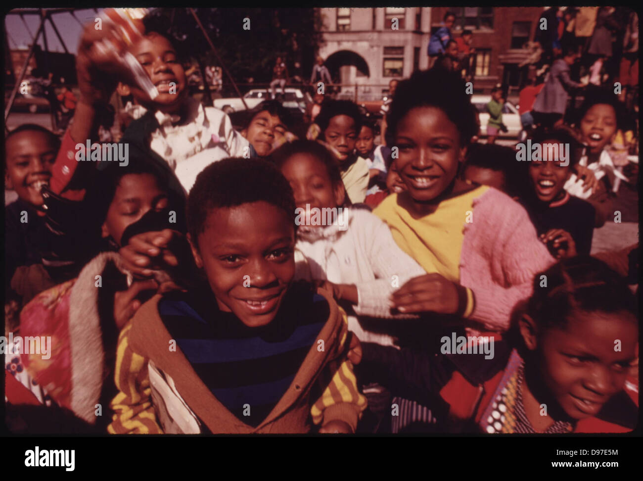 South Side Group Of Black Children In Chicago At A Playground At 40th And Drexel Boulevard, 10/1973 Stock Photo