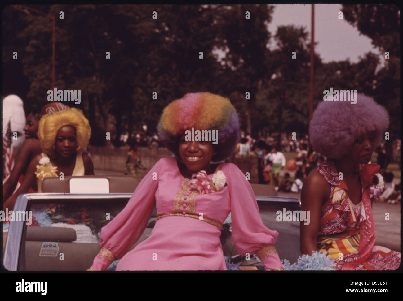 Black Beauties With Colorful Hair Grace A Float During The Annual Bud Billiken Day Parade, 08/1973 Stock Photo