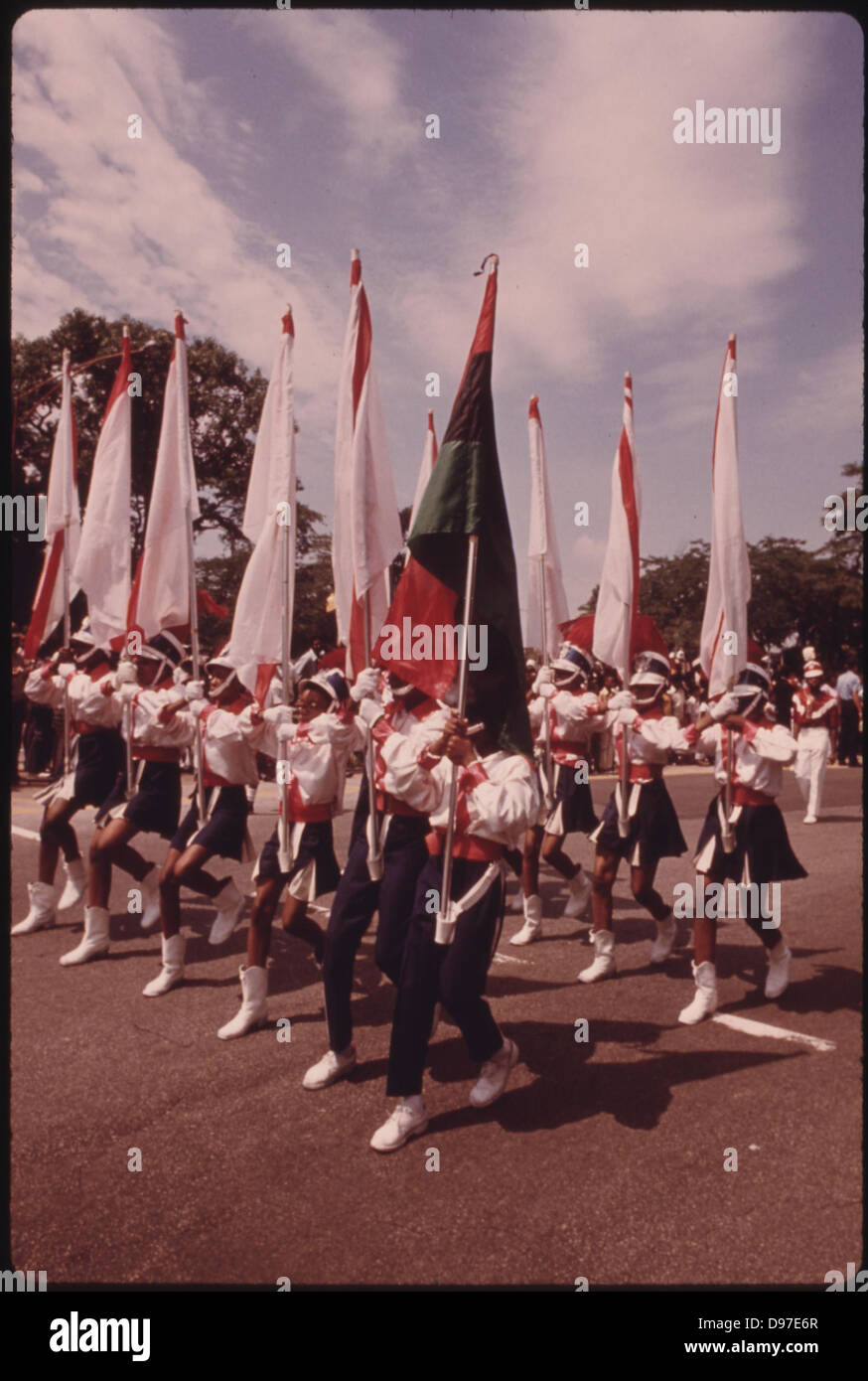 Black Youngsters Carrying Flags During The Annual Bud Billiken Day Parade, 08/1973 Stock Photo