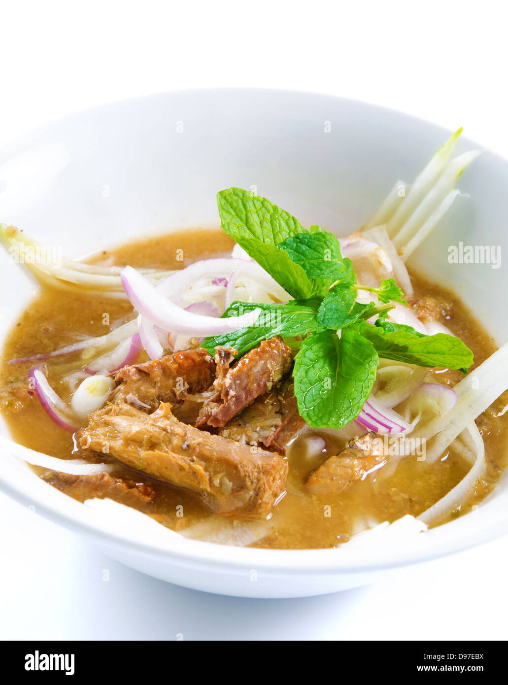 Assam or asam laksa is a sour, fish-based soup. Traditional Malay dish, malaysian food, Asian cuisine. Stock Photo