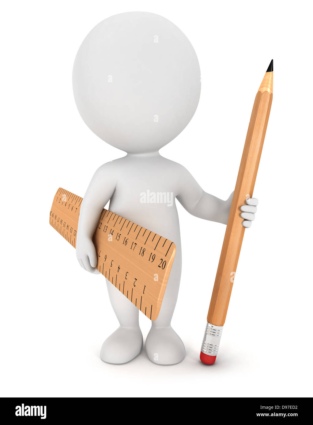 3d white people with wooden pencil and ruler, isolated white background ...