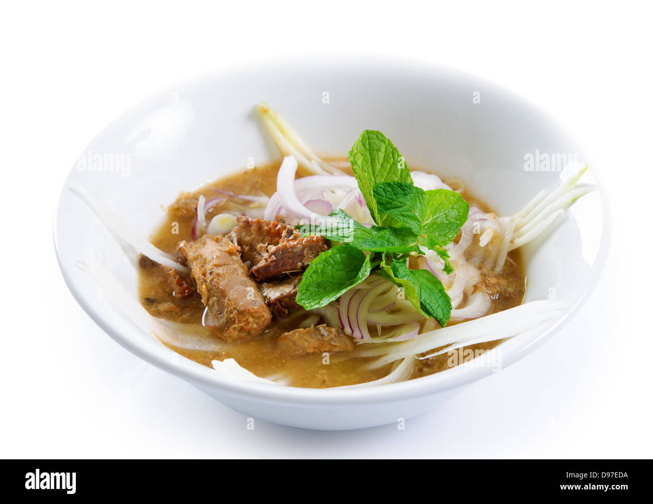 Assam or asam laksa is a sour, fish-based soup. Delicious traditional Malay dish, malaysian food, Asian cuisine. Stock Photo