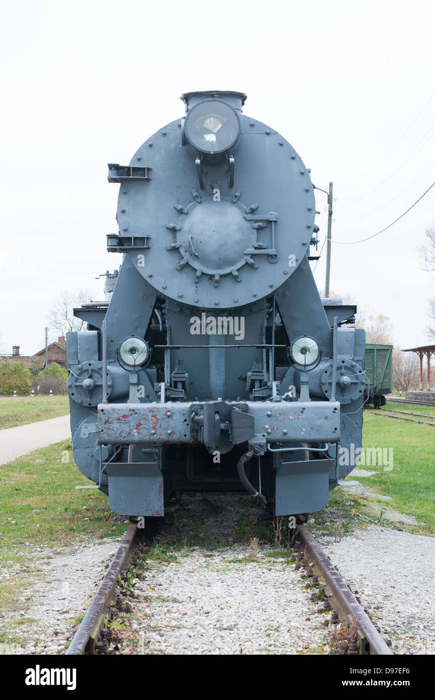 Front view of old heavy locomotive Stock Photo