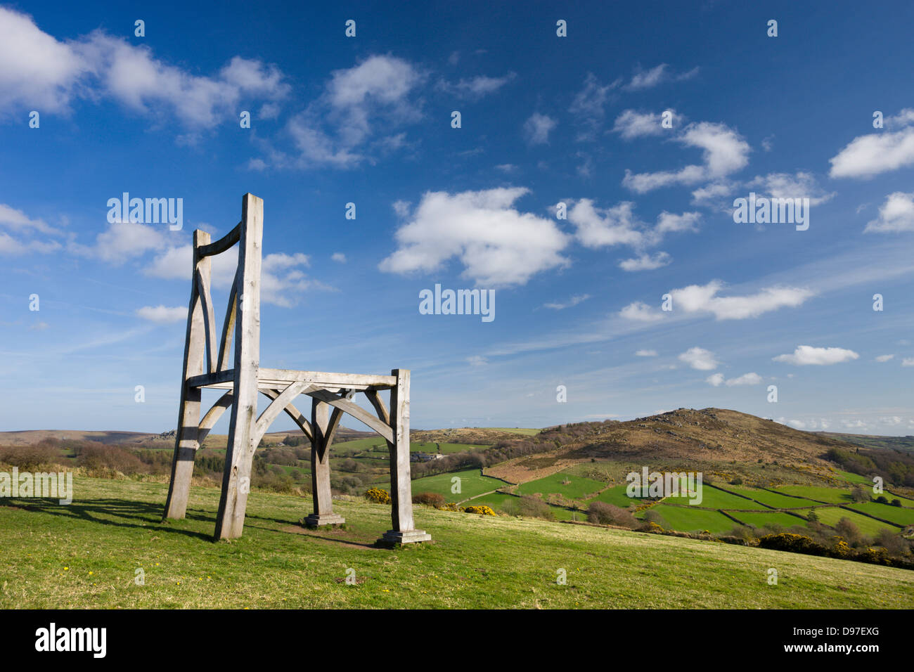 Modern oak wooden sculpture by artist Henry Bruce entitled 'The Giants Chair' at Natsworthy in Dartmoor National Park, Devon, Stock Photo