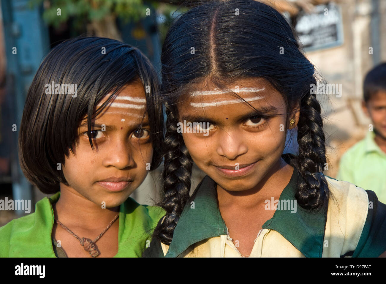 Asia, India, Karnataka, Belavadi, portrait of two Indian girls Stock Photo