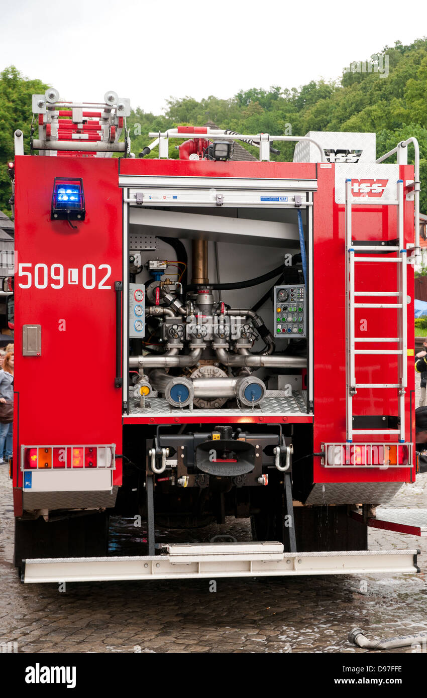 Back of opened fire truck interior Stock Photo