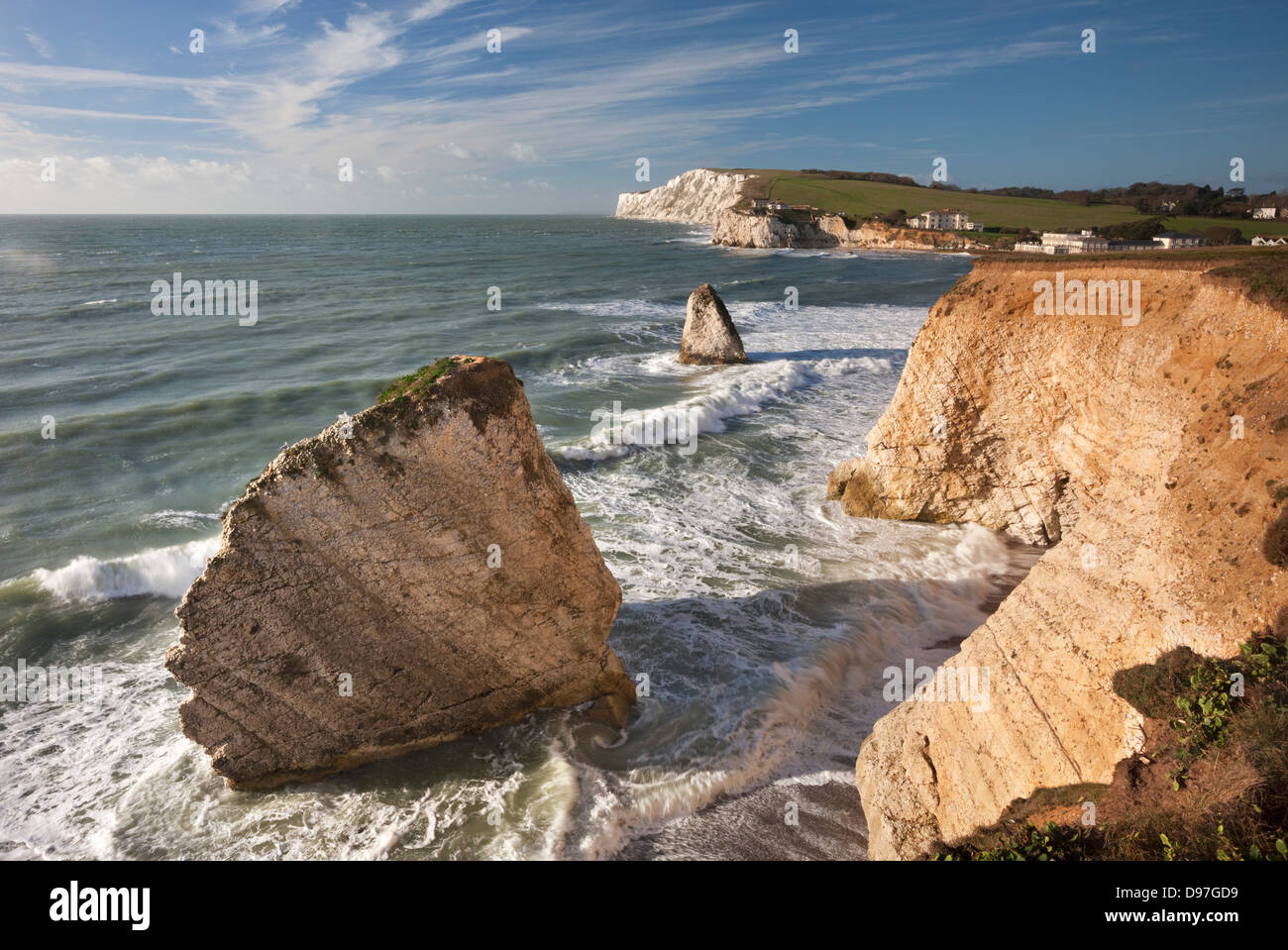 Clifftop view of Freshwater Bay, Isle of Wight, England. Winter 2011 Stock Photo