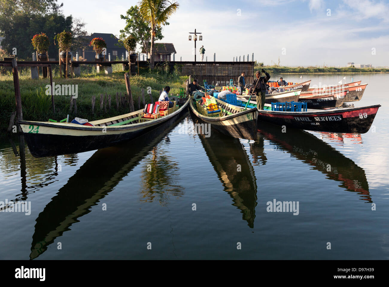 Boats moored by the Lake Inle Resort at sunset, Myanmar 3 Stock Photo