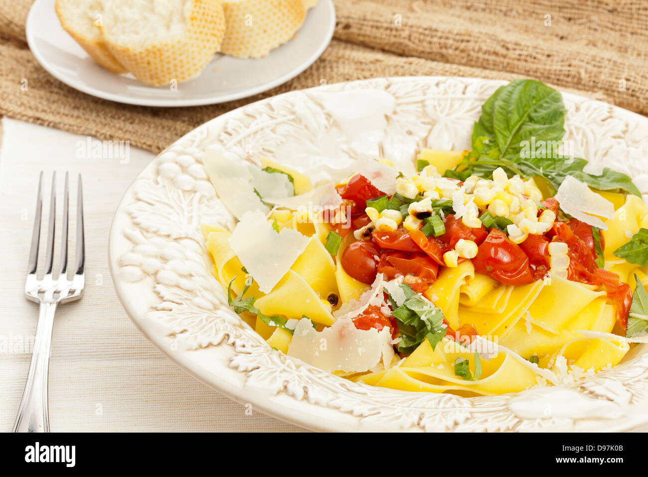 Homemade Pappardelle Pasta with corn and tomatoes Stock Photo Alamy