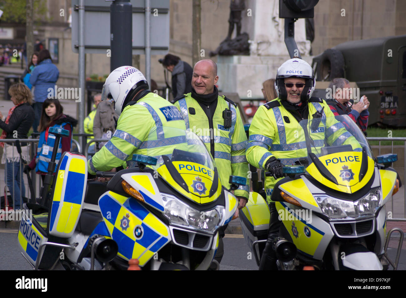 Police motor cyclist in Leeds city center Stock Photo