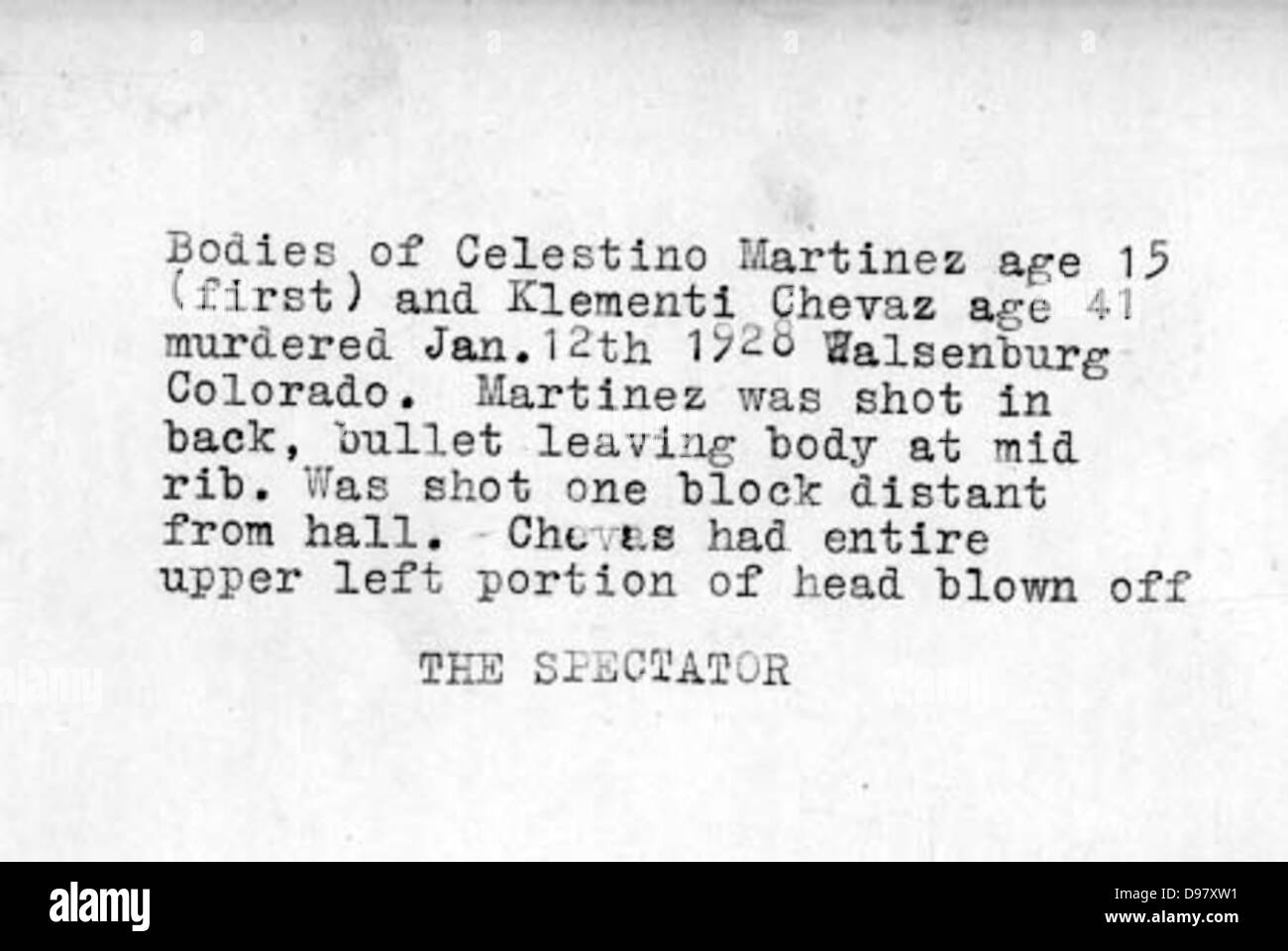 Verso of postcard of bodies of Salistino Martinez and Klementz Chavez, Walsenburg shooting victims, Walsenburg, Colorado, January 12, 1928. Stock Photo