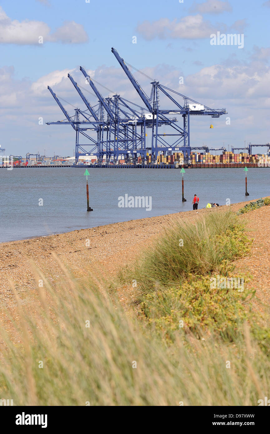 Largest shipping container in the world, CSCL Globe, docks at Felixstowe port. Stock Photo