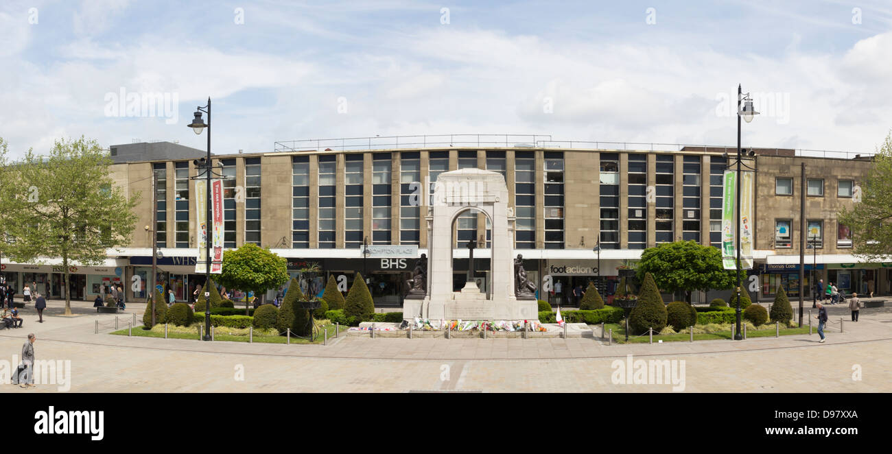 Panorama of  Victoria Square, Bolton formed from two images stitched together. The town's main war memorial central to the image Stock Photo