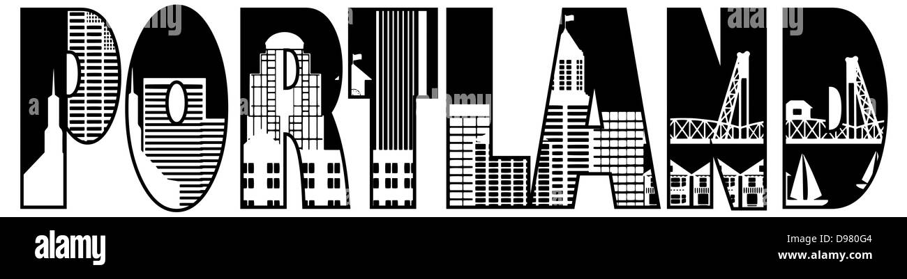 Portland Oregon Downtown City Skyline Text Outline Black and White Silhouette Illustration Stock Photo