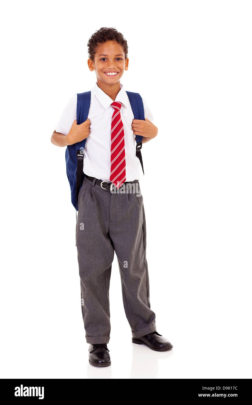 male elementary school student with backpack isolated on white Stock Photo