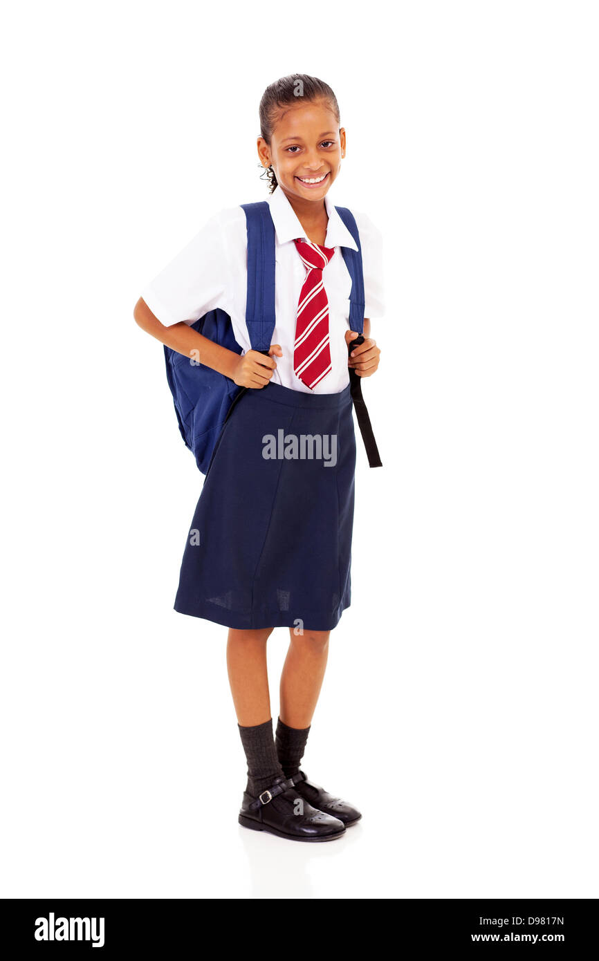 elementary schoolgirl full length isolated on white Stock Photo
