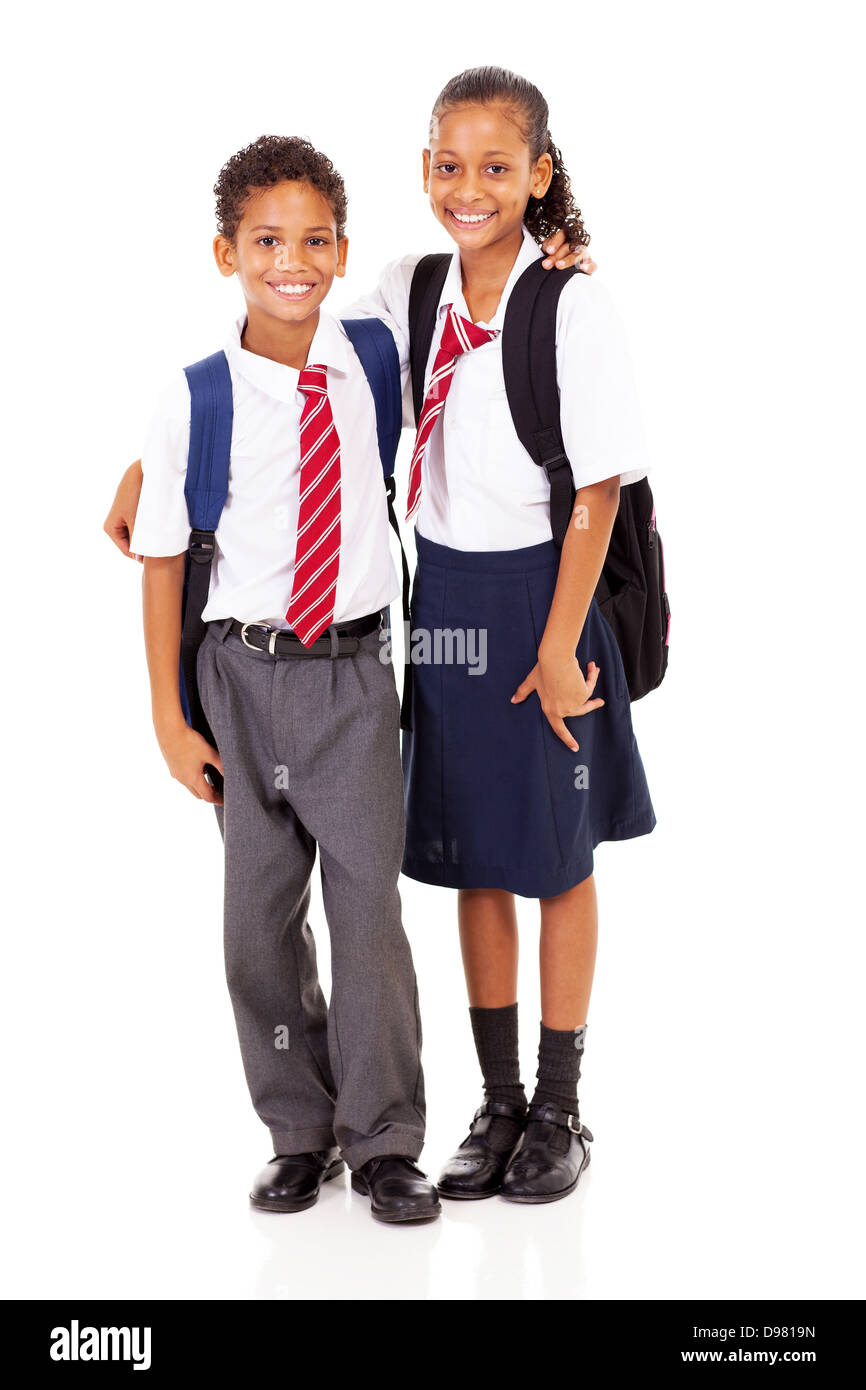 two elementary school students full length isolated on white Stock Photo