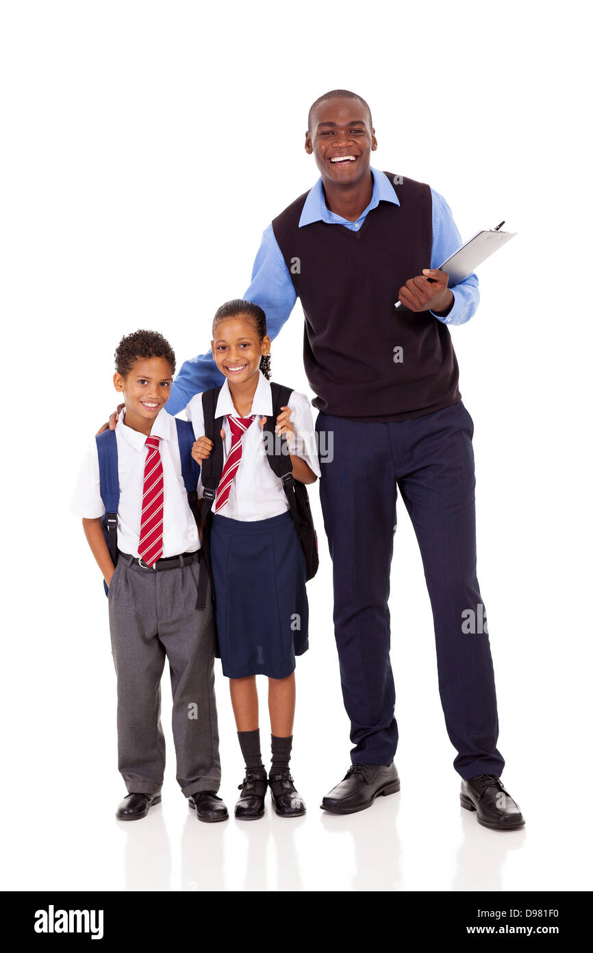 elementary school teacher and students full length portrait on white ...