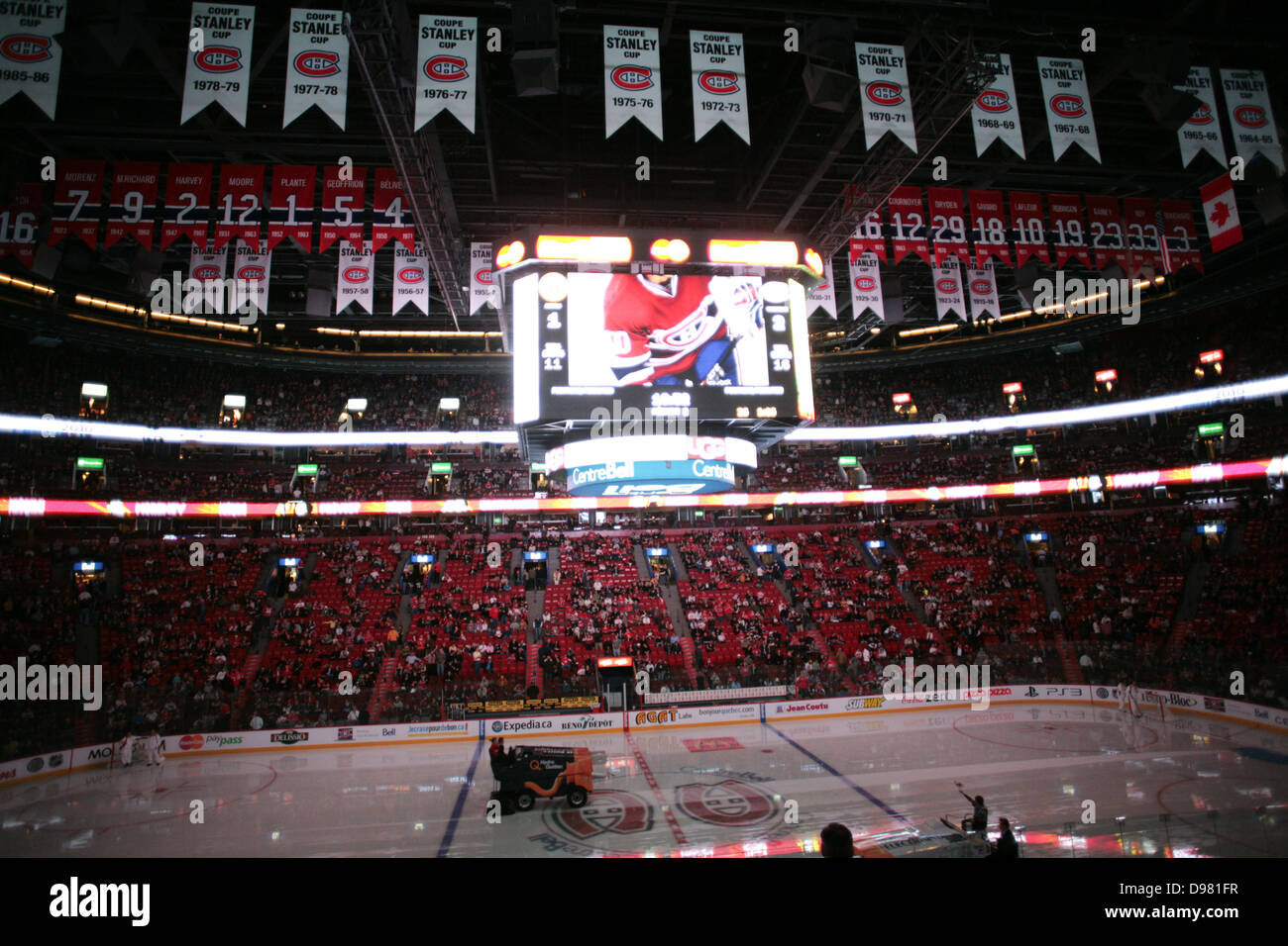 Intermission at a Montreal Canadiens Hockey game inside the Bell Centre. Stock Photo