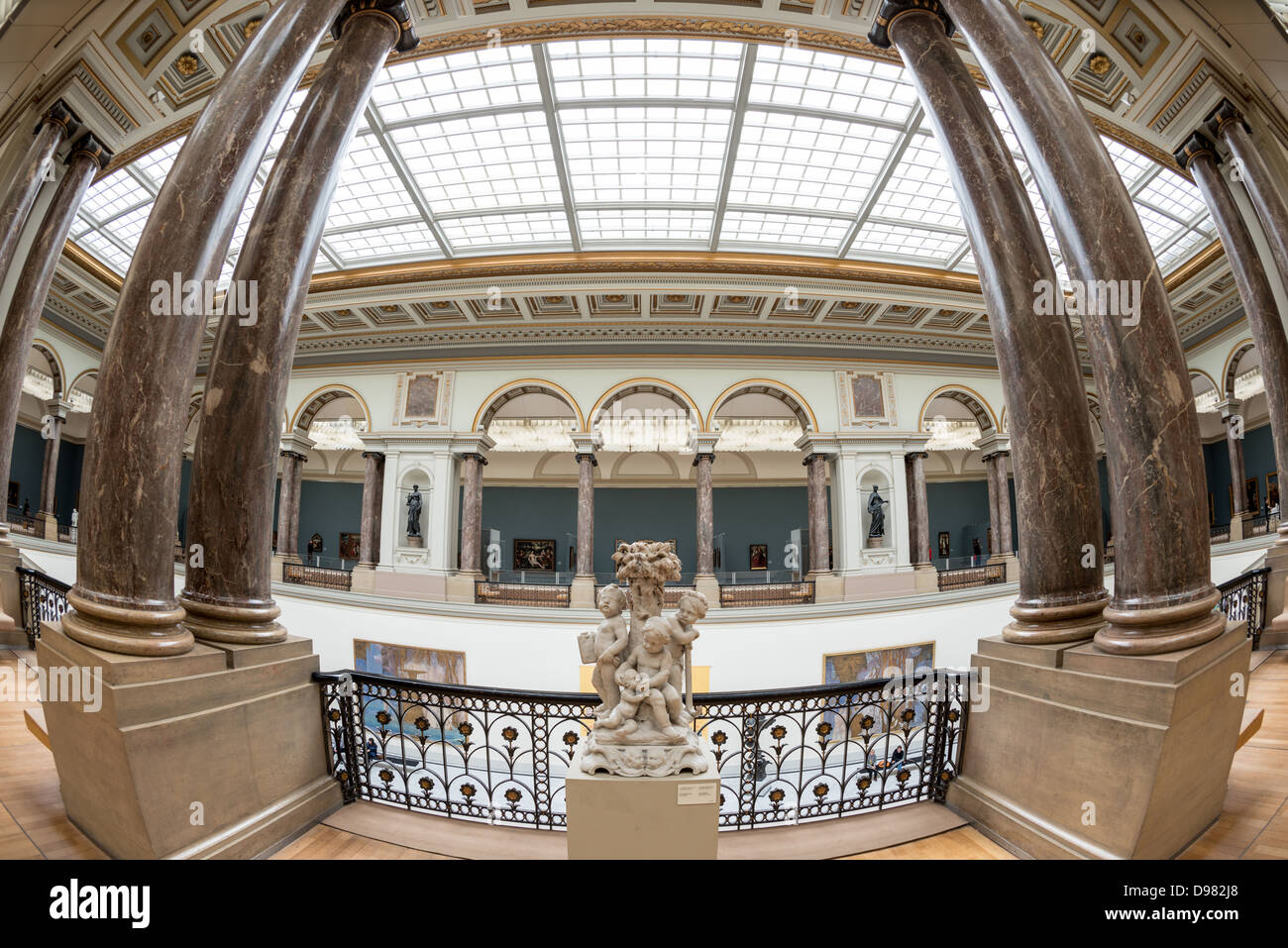 BRUSSELS, Belgium - A side view of the main hall at the Royal Museums of Fine Arts in Belgium (in French, Musées royaux des Beaux-Arts de Belgique), one of the most famous museums in Belgium. The complex consists of several museums, including Ancient Art Museum (XV - XVII century), the Modern Art Museum (XIX  XX century), the Wiertz Museum, the Meunier Museum and the Museé Magritte Museum. Stock Photo