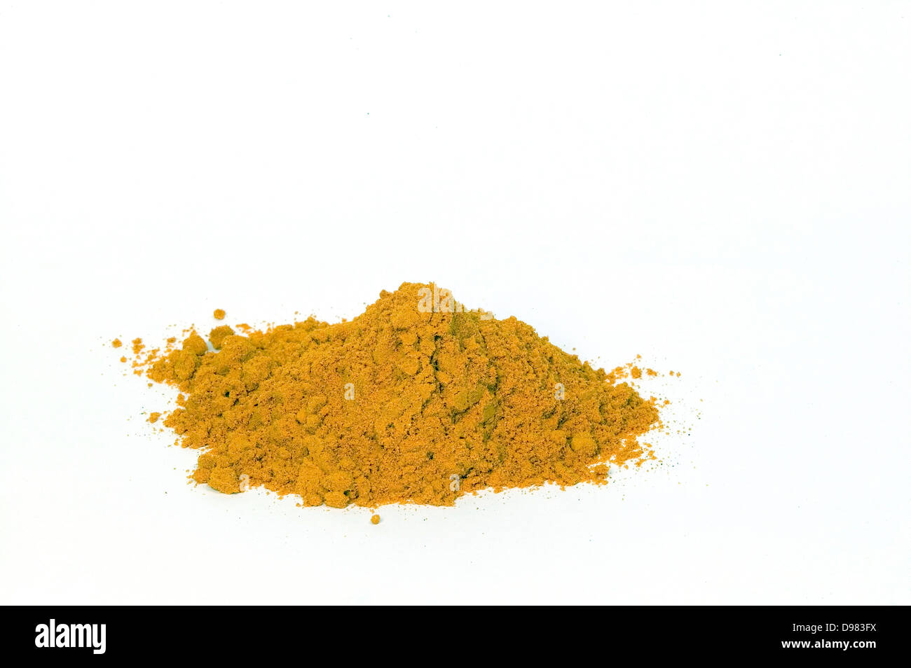 A small mound of ground yellow saffron powder on a white background