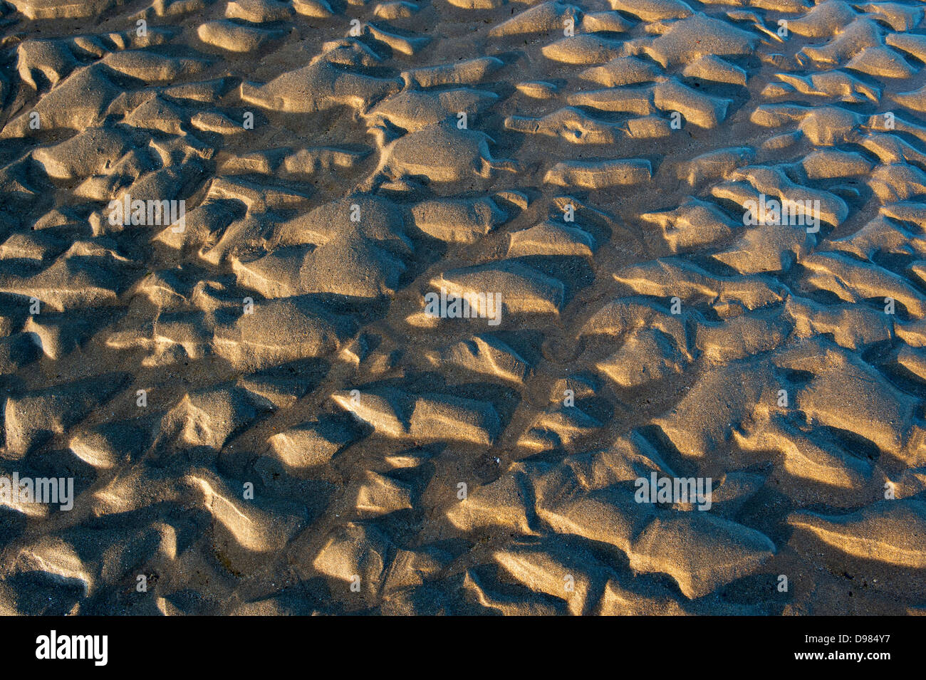 Rippled sand and sea water on a beach at dusk pattern.  Devon, England Stock Photo