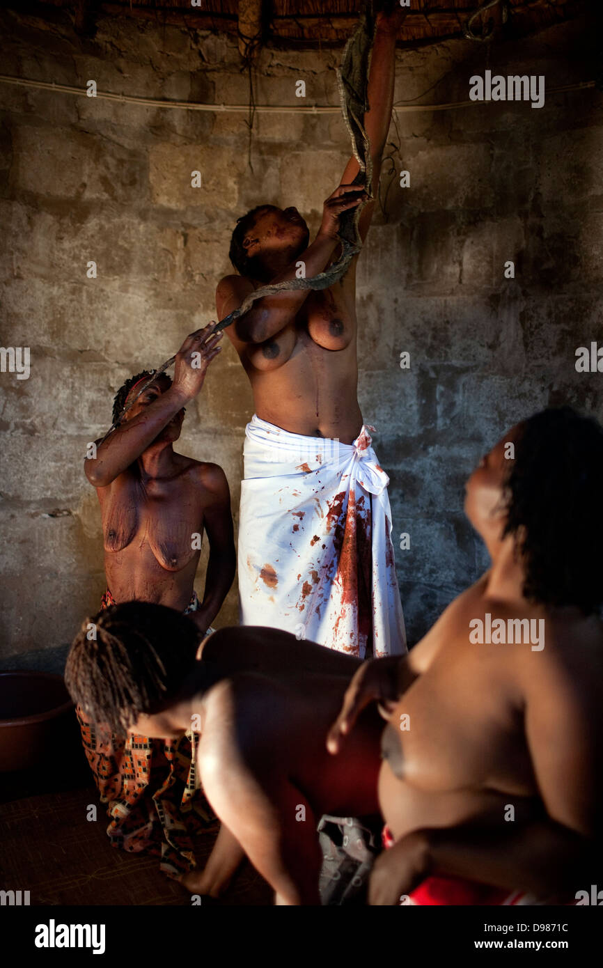 During sangoma initiation ceremony girls chant dance in hut in Peernars Mpumalanga South Africa They had six months intense Stock Photo