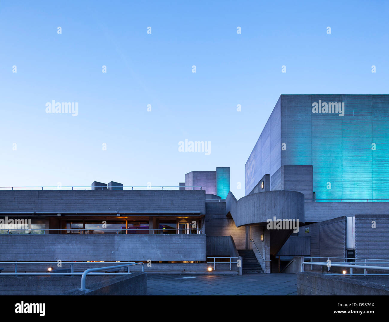 Royal National Theatre, London, United Kingdom. Architect: Denys Lasdun, 1975. View at dusk looking at the east facade and stair Stock Photo