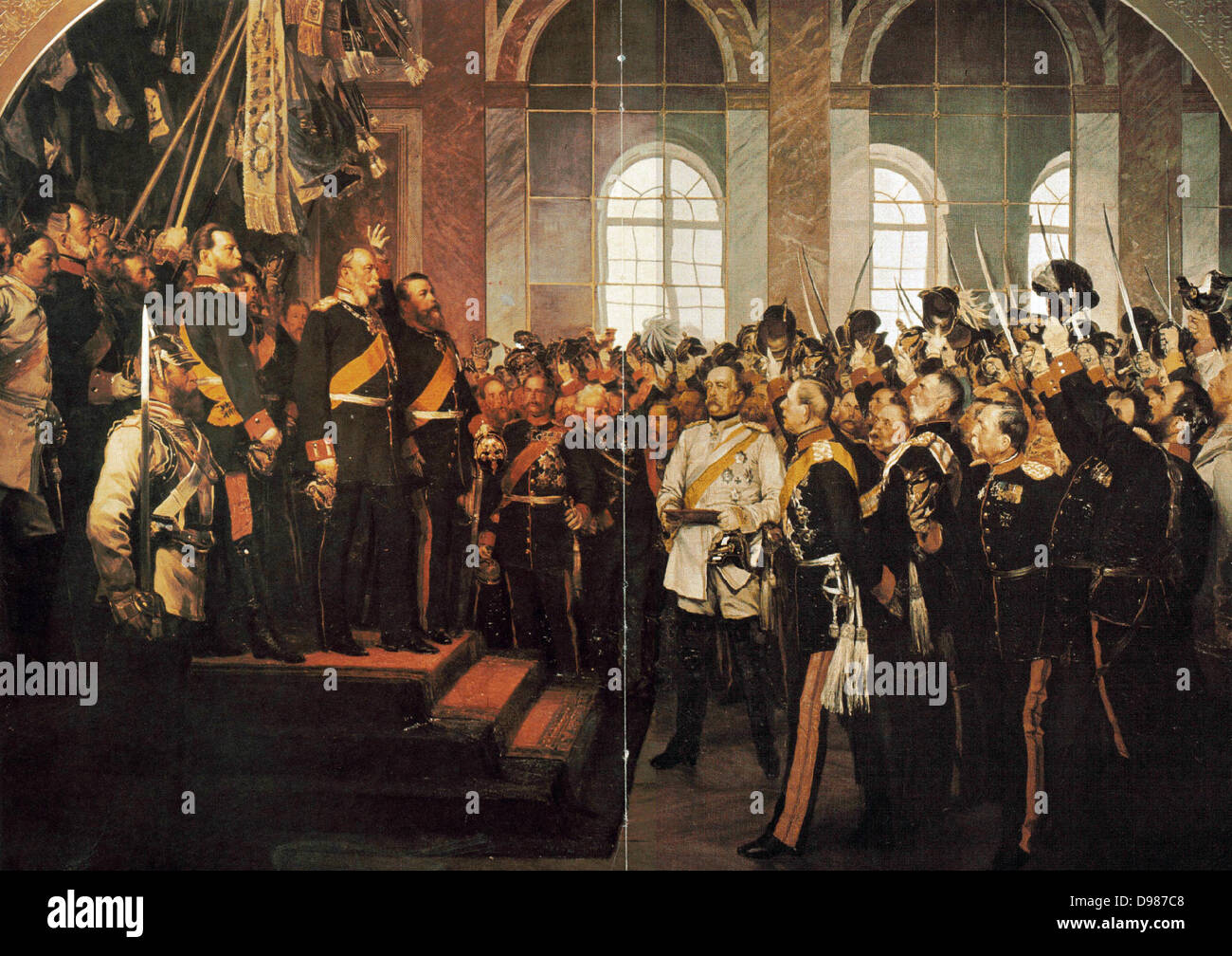 Wilhelm I (1859-1888) King of Prussia from 1861, being proclaimed first Emperor of Germany, 1871. After the defeat of France in the Franco-Prussian War of 1870-1871, as a gesture of further humiliation of the French, on 18 January 1871 Wilhelm was crowned in the Hall of Mirrors at Versailles. the palace built by Louis XIV. Otto von Bismarck, German Chancellor, in which coat in centre. Stock Photo