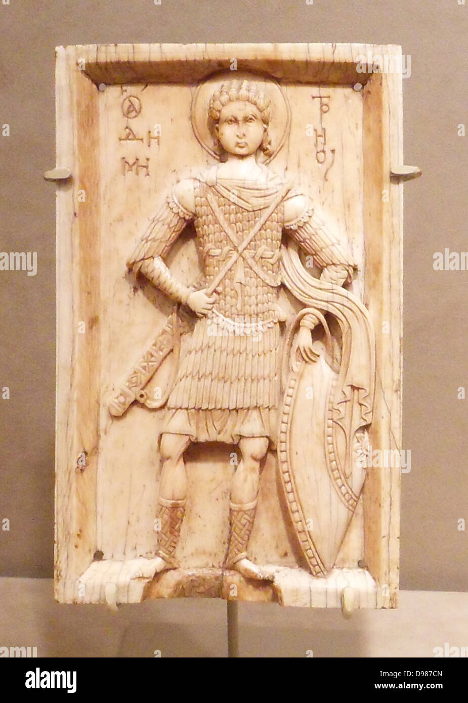 Ivory icon depicting Saint demetrios. Byzantine artwork dated 950-1000 AD. Saint Demetrios was martyred in early Christian Greece. Stock Photo