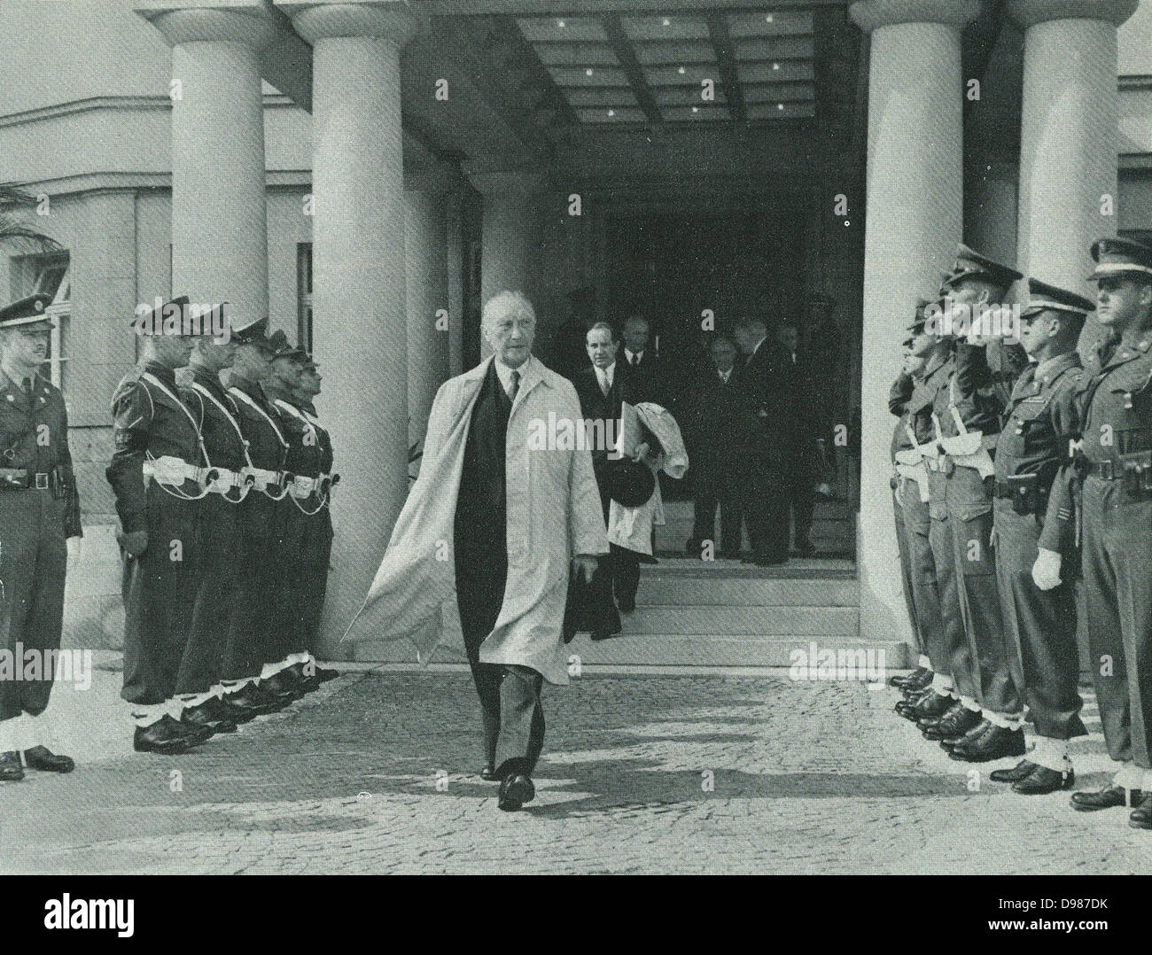 Konrad Adenauer (1876-1967), West German Chancellor, leaving the Alied Military Headquarters in Berlin. Stock Photo