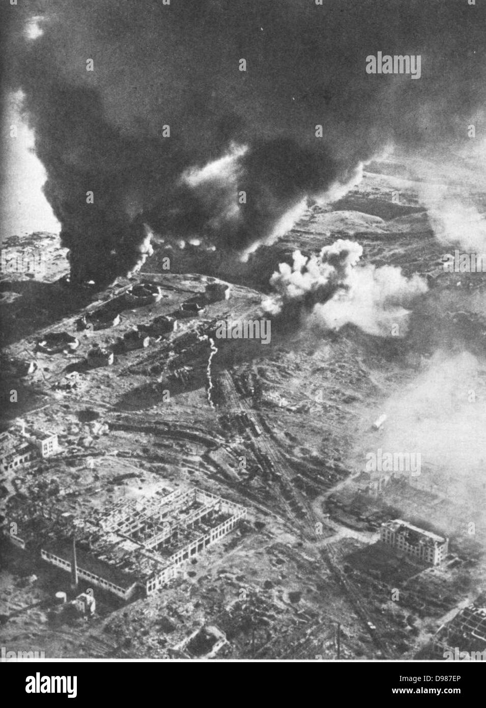 Battle of Stalingrad - Aerial view of fuel stores on fire. The Battle of Stalingrad between Germany and the Soviet Union lasted from 17 July 1942 until 2 February 1943. The mosty brutal and bloodiest of engagements of World War II,it claimed almost 2 million casualties. It is considered to be a turning point in the war, with the Soviet union victorious. Stock Photo