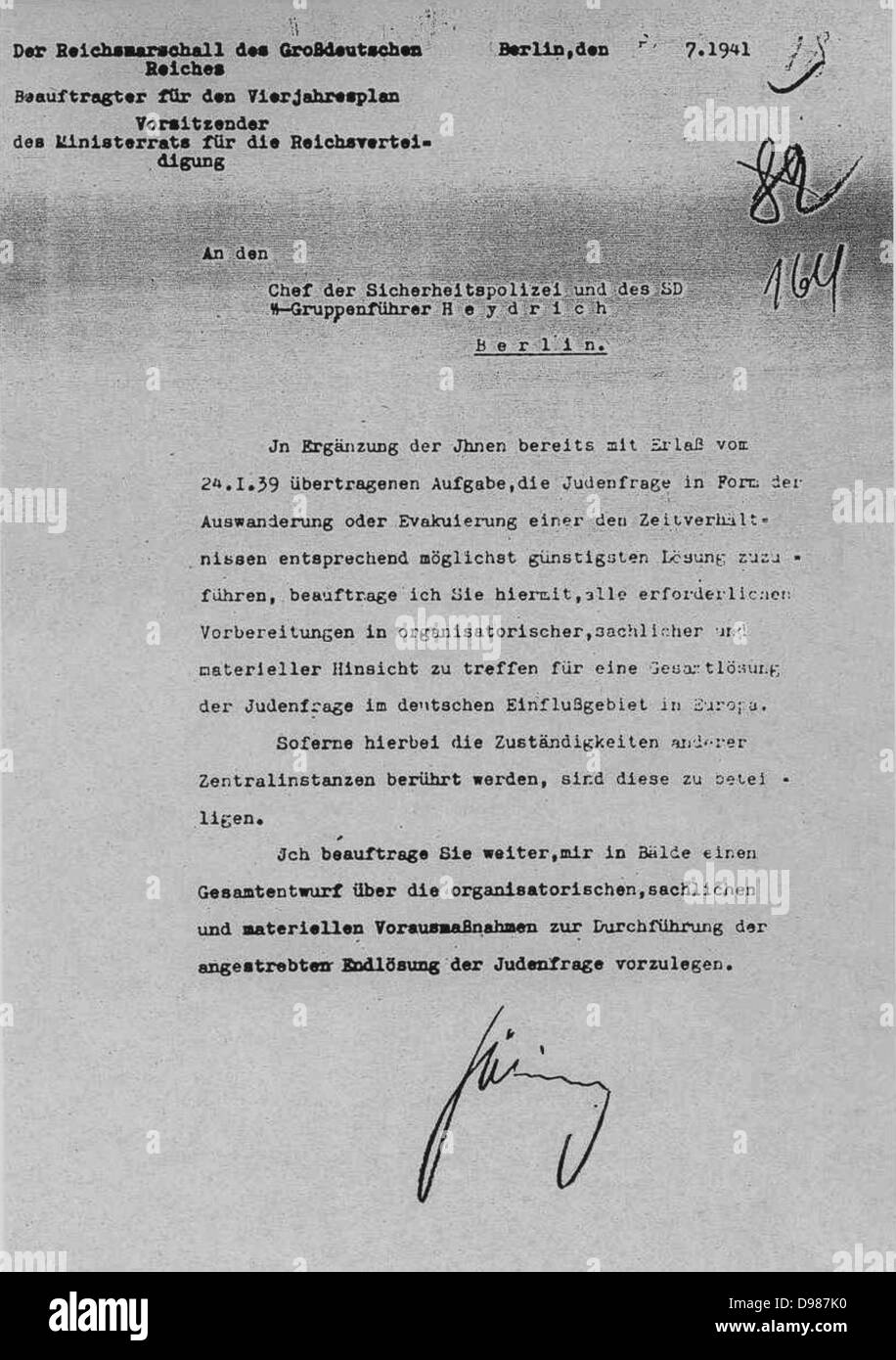 Herman Göring's (Goering) letter of 31 July 1941, to Reinhard Heydrich authorizing the Final Solution to the Jewish question. The Wansee Conference, 20 January 1942 informed the leaders of the Nazi departments dealing with Jewish policies that Heydrich was in charge of the Final Solution. Stock Photo