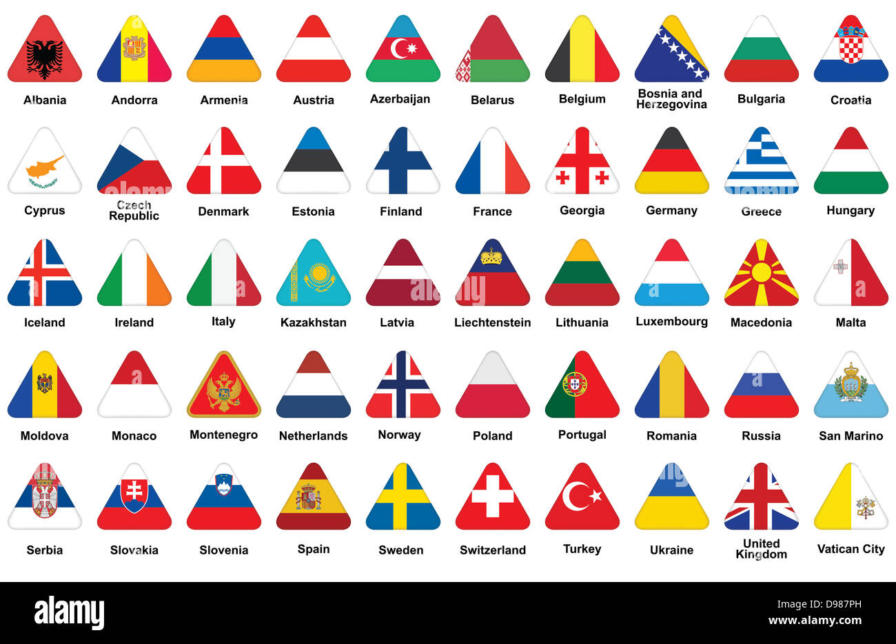 set of triangle icons with European flags Stock Photo