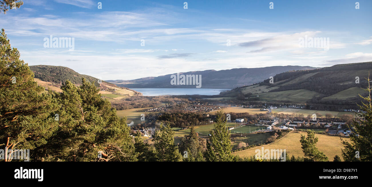 Loch Ness & Drumnadrochit from Craigmonie in Scotland. Stock Photo