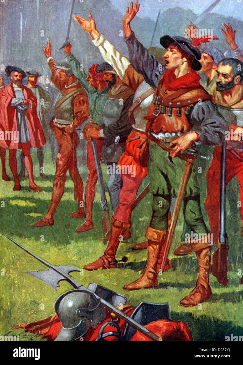 Hernando Cortez with his conquistadors before embarking for Mexico. Stock Photo