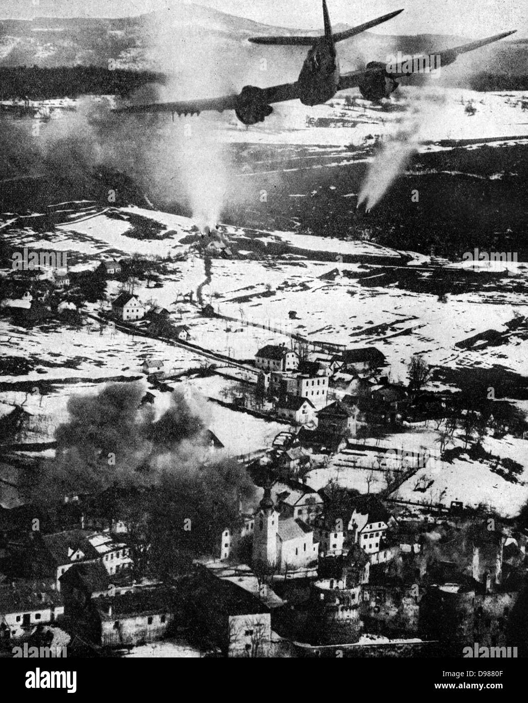 Balkan Air Force Strikes in Yugoslavia.  Here a South African Air Force Squadron serving with the Balkan Air Force attacks with rocket-firing Beaufighters targets in the German-occupied town of Zuzemberk, Yugoslavia, early in 1945. Stock Photo