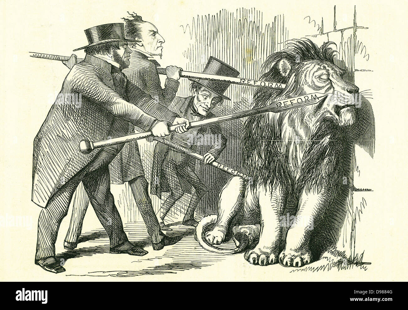 Who Will Rouse Him?': Reform of Parliament - extension of the franchise. John Bright, Benjamin Disraeli and Lord John Russell (left to right) attempting to prod the British Lion into accepting a Reform Bill. John Tenniel cartoon from 'Punch', London, 12 March 1859. Stock Photo