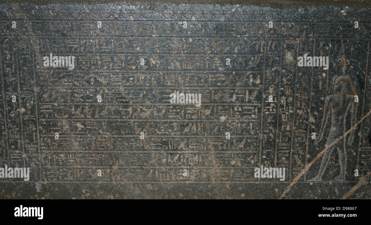 Black granite sarcophagus of Hapmen with Hieroglyphic inscriptions, 600-300 BC. Discovered in Cairo during Napoleonic expeditions to Egypt during the French Revolutionary Wars. Stock Photo