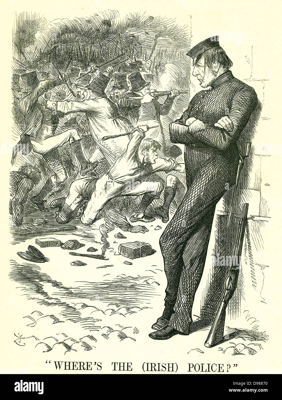 Where's the (Irish) Police?': William Gladstone, British Prime Minister, watching the unrest in Ireland and waiting to intervene. In April a new Irish Peace Preservation Act was passed by Parliament. John Tenniel cartoon from 'Punch', London, 12 March 1870. Stock Photo