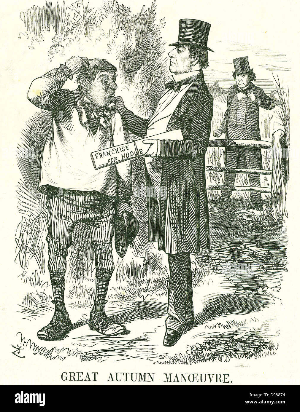 Great Autumn Manoeuvre': Gladstone thought that eventually the vote must be given to agricultural labourers (Hodge). At this time his premiership was shaky and Disraeli is waiting to take his place. John Tenniel cartoon from 'Punch', London, 9 August 1873. Stock Photo